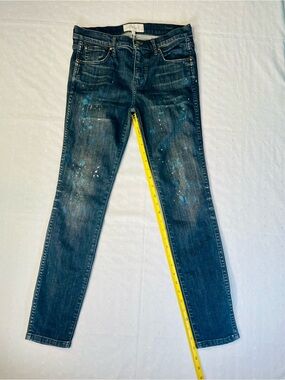 THE GREAT. Dark Blue Skinny Jeans with Blue Paint Splatter